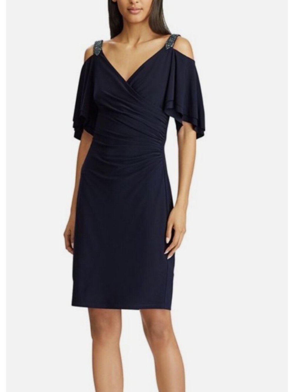 Ralph Lauren Women Blue Beaded Flutter Sleeve Surplice Neckline Dress Cocktail 8